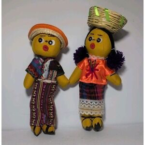 Vintage Handmade Folk Art Mexican Dolls Set Of 2 Handcrafted Traditional